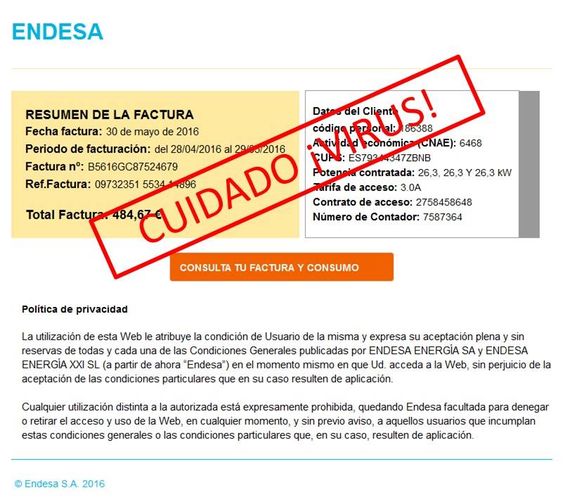 Alerta de seguretat de 9Sistema sobre el nou virus Endesa.